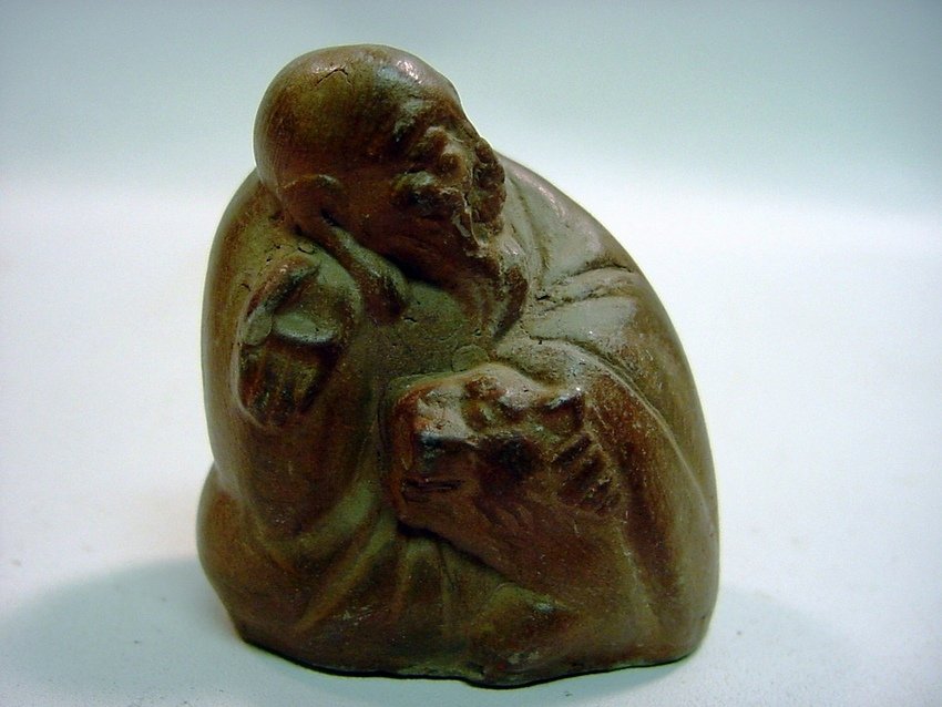 Early Chinese Earthenwar?e Wise Man & Tiger: Expressive portrayal of Wise Man and Tiger. Brown clay earthenware. Chinese. Early. Measurements: Approx. 2" high