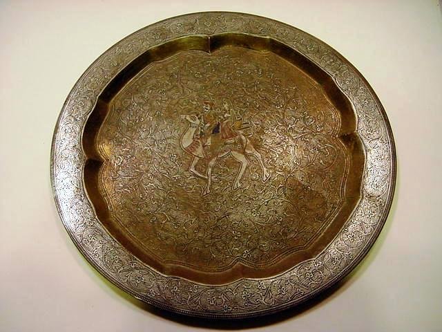 1800's MUGHAL Indo-Persian Brass & Silver Plate: Heavily hand silvered brass. Hand chased geometric decorations, camel and riders in the center. Painted in polychrome enamels. Indo-Persian, c. late 1800's/very early 1900's. Measurements: Approx. 10"