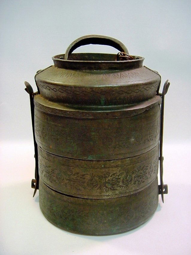 Ottoman Turkish Copper SAFER TAZ Food Container: Four-in-one set of containers, used for carrying food to the field by farmers and shepherds. Neatly fit together. Thick copper and bronze, all hand tooled. Geometric and floral patterns and designs. O