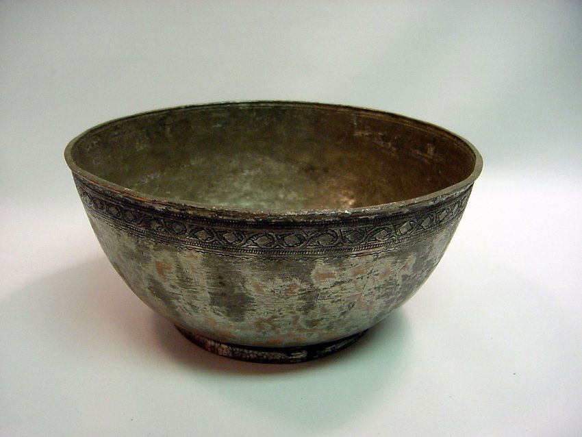 Ottoman Turkish Tooled Copper Tas Bowl, Marked: Tas Bowl. Thick tin lined copper with hand chased geometric designs around the top rim. Marked on the bottom. Ottoman Turkish, circa mid 1800's. Measurements: Approx. 8" top diameter; 3.75" deep