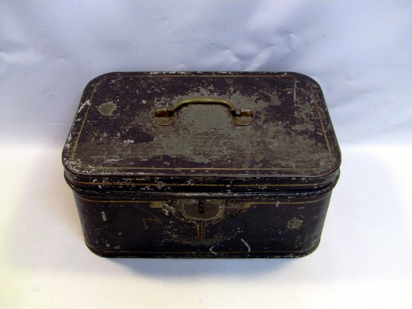 Antique Tin & Brass Locking Document Filing Box: Document filing security box. Thick tin body, painted black. Brass handle. Lock up front. Circa early/mid 1800's. Measurements: Approx. 13.75" x 9.5", 6.5" high without handle