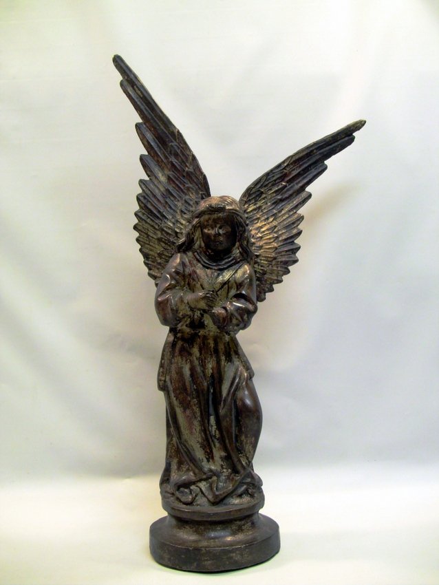 Antique Gilt Composite Angel Flag Holder Statue: Large figure. Flag holder. Composite material, patina finished and gilded. Circa late 1800's. Measurements: Approx. 23.5" tall, 13" at widest, 6" diameter of base