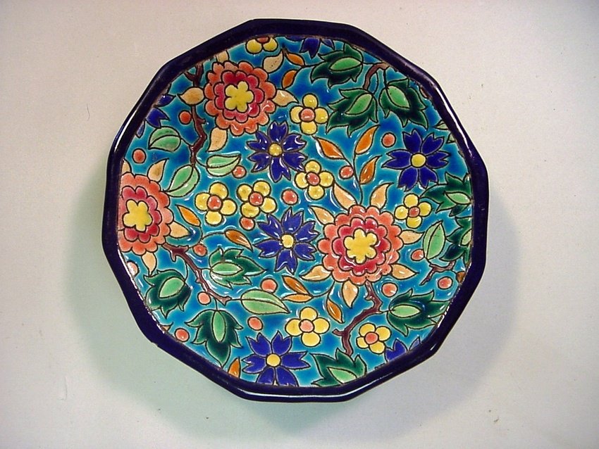 Antique EMAUX DE LONGWY Majolica Raised Plate: Traditional French Art Pottery. Original Longwy piece. Heavy polychrome enamel on Majolica ceramic. Twelve-sided raised fruit parfait bowl or plateFeatures a Plethora of colorful flower blooms on a li