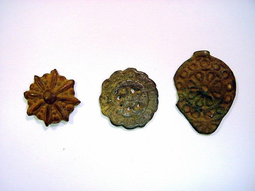 Lot of 3 Roman II-III A.D. Bronze Rosettes: Bronze. Pierced open work appliques. Roman. Circa II-III A.D. Measurements: Approx. 1.2" -1.7" each (3 - 4.5 cm)