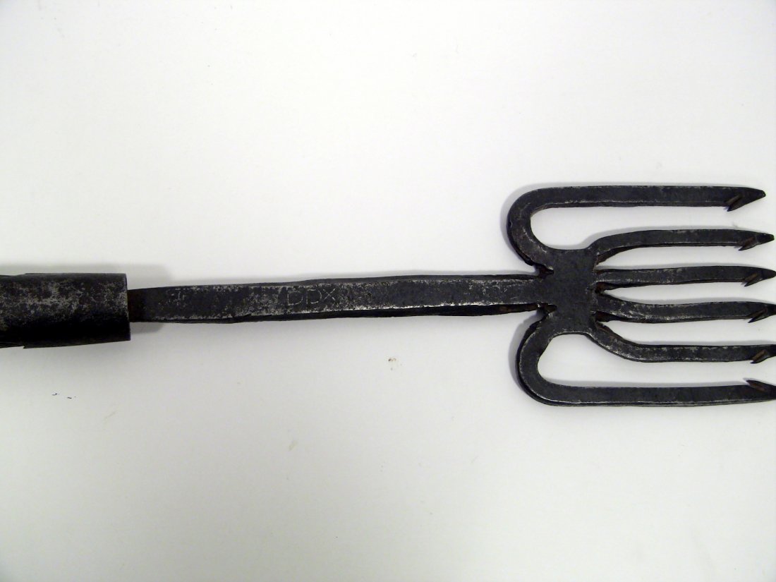 Ea.1800's Signed Wrought Iron Eel Harpoon, ORIG. SHAFT: Extra long Eel Fishing Harpoon (6 ft. 9 in.). Handle shaft is ALL ONE PIECE OF WOOD and original to the tip. Hand Hammered Iron tip. Signed "DDX". Very rare on two accounts: It is signed by either the