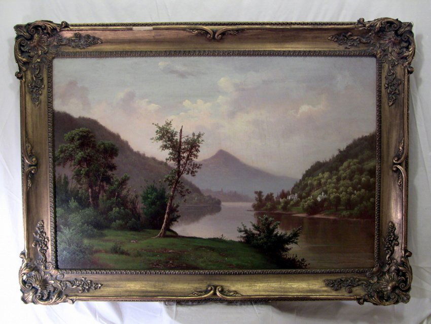 19th Cent. O/C Landscape in Newcomb-Macklin Frame: Picturesque classical riverside landscape scene. Circa late 19th Century. American school. The painting is professionally preserved, evident on the back. Framed in a Newcomb-Macklin ornate wooden fram