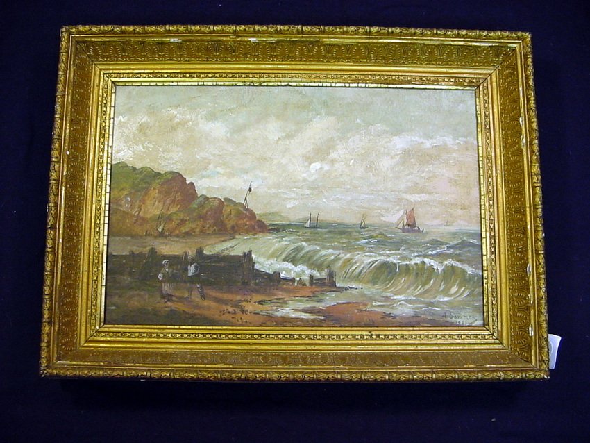 1888 A.SOMMER "Waves Breaking" Seaside O/C: A.Sommer, British, FL. 19th Century. Dated 1888. Oils on canvas. Seaside scene. Breaking waves, garnered with the serenity of the peasant's conversation and the sailboats in the background. Framed in