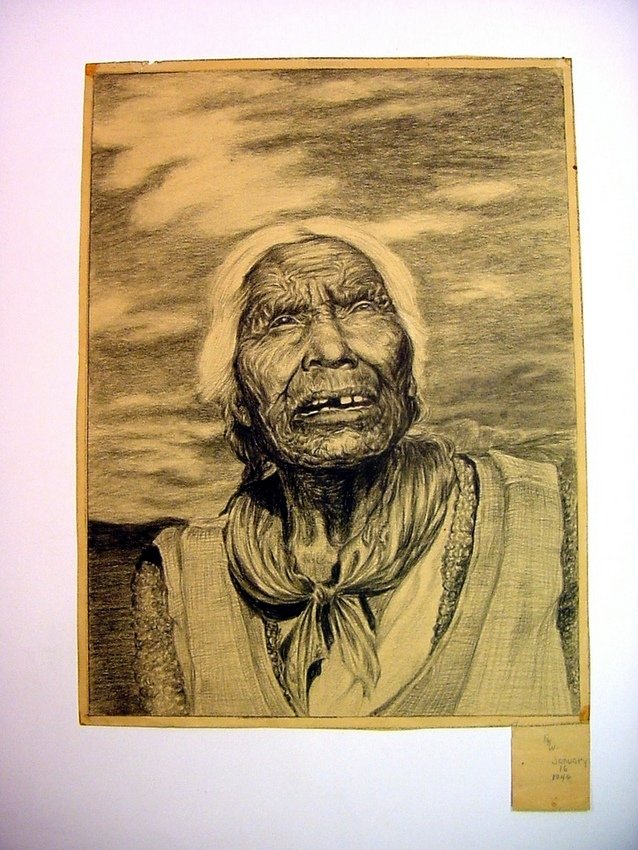 1946 Signed Native Navajo Shaman Pencil Portrait: Pencil on paper. Portrait of old Native American woman, possibly a Shaman. Signed GKW, January 16, 1946. Navajo Tribe. Superb, vivacious portrayal. Measurements: Approx. 12.5" X 9.25"