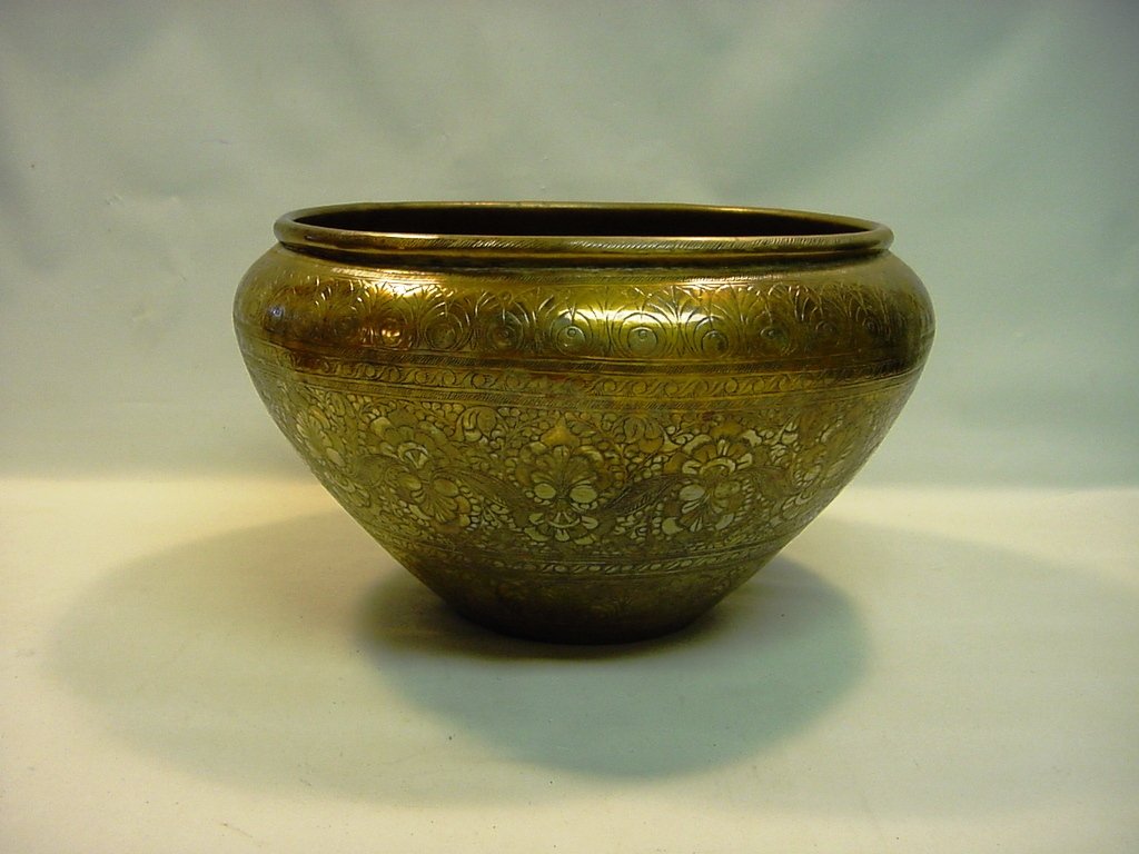 c1900 13" Hand Chased Brass/Copper Bowl: Made out of hand chased brass or copper. Could've been partially hand silvered at one time. Egyptian, Syrian or Persian. Early 1900's. Measurements: Approx. 13" largest diameter; 7" deep