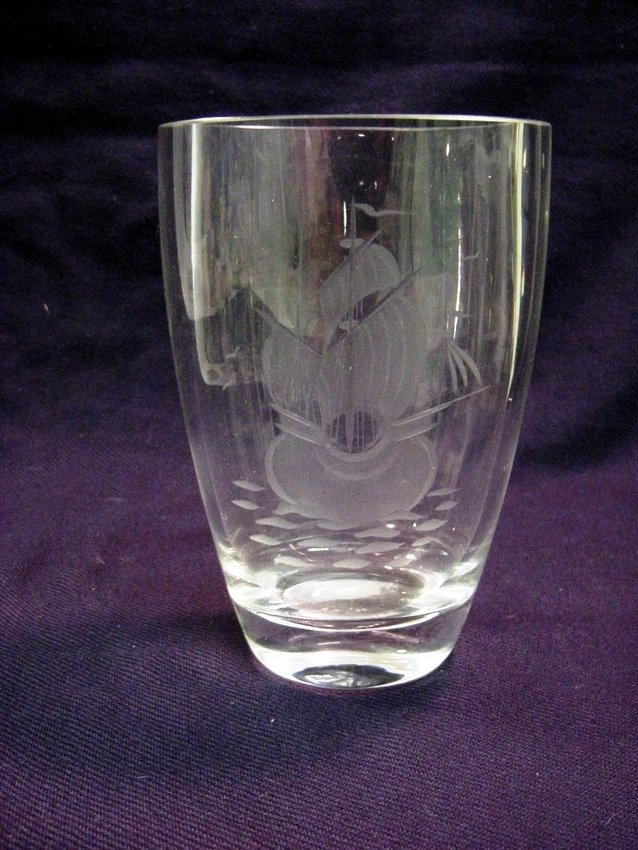 Swedish Studio Blown Art Glass Vase, Signed: Simple Nordic design and shape. Hand cut up front with a Viking ship in full sails. Signed by hand on the bottom, although hard to read - Kunstglass Jetlande/ Made in Sweden.Measurements: Approx. 6" h