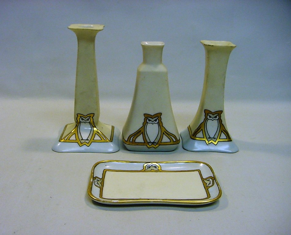 Art Deco Limoges Bisque Vanity Set of 4: Beautiful 1920's Art Deco set of 4 bisque items with matching owl pattern - a vase or perfume bottle, a hat pin holder, a candle holder and a tray. All 4 are marked Limoges France, but the tray has an