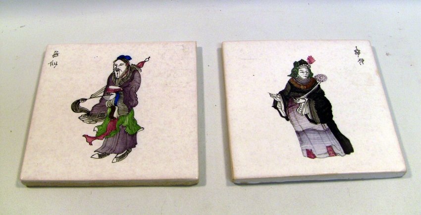 FRANKENTHAL Japonerie Earthenware Pair of Tiles: Glazed Majolica earthenware. Hand painted Man and Woman in traditional Japanese attire. Signed by the artist, in Japanese on one of them and in Latin lettering on the other. Marked on the bottom with