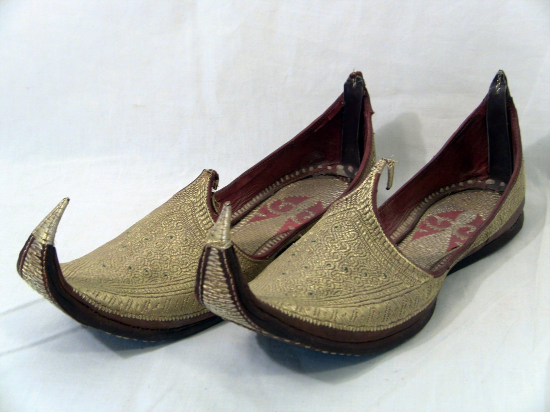 1800's Ottoman Turkish Golden Brocade Slippers CEHLI: Thick leather and golden brocade. All hand sewn and done. Characteristic traditional shape and style, these slippers are known as Cehli. Ottoman Turkey. Late 1800's/early 1900's. Possibly Constantinop