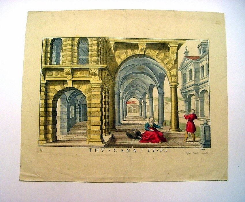 JUSTUS SADELER (1572-1620) Engraving, THVSCANA: Justus Sadeler (1572-1620). Dutch/Flemish. Son of Jan Sadeler, known as the Patriarch of the Sadeler family of engravers. Hand colored copper engraving. Hand tinted in watercolor, on paper. Titled in