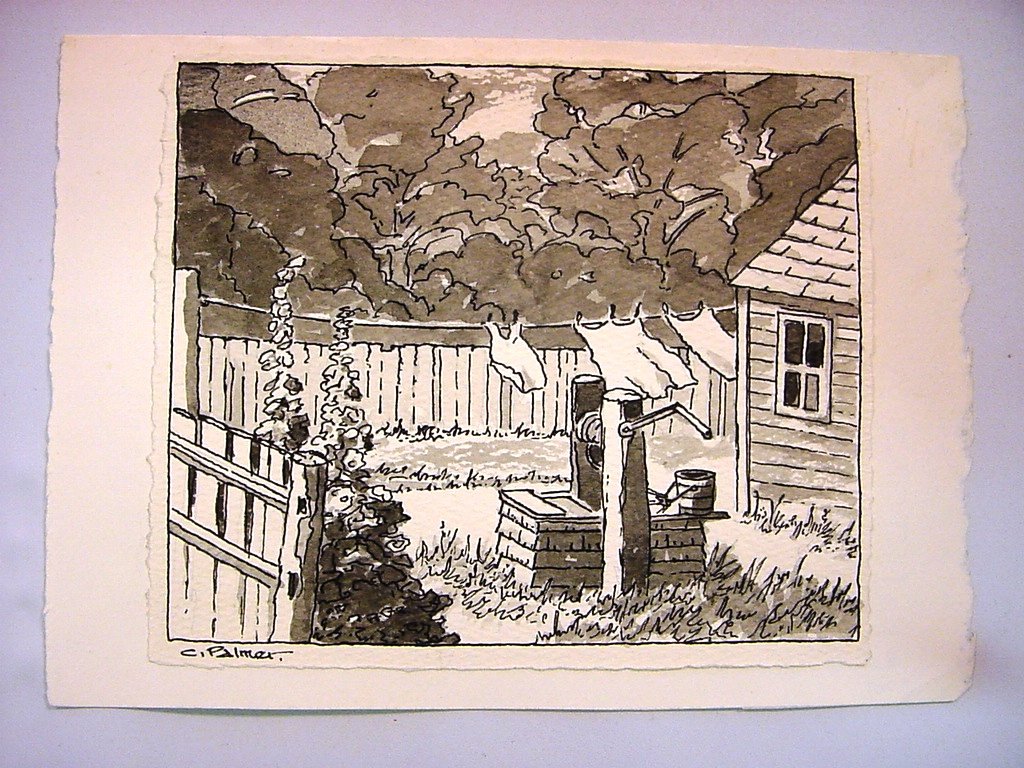 1930-40s C. Palmer Ink Gouache W/C “Backyard”: A well executed ink, Watercolor and Gouache painting, representing a view of a house with well and white fence, laundered clothes left to dry in the fresh air. Titled: "The White Washed Fence". Signed