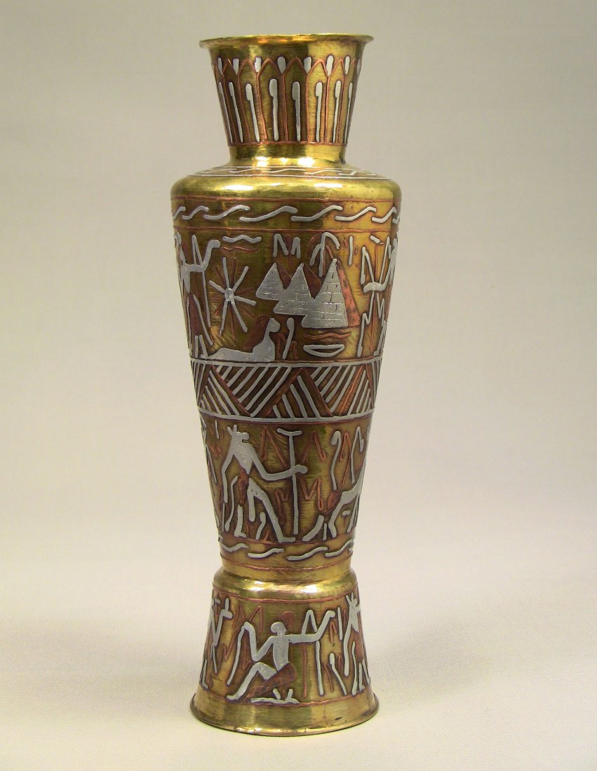 C.1900 CAIRO WARE Egyptian Brass Copper & Silver Vase