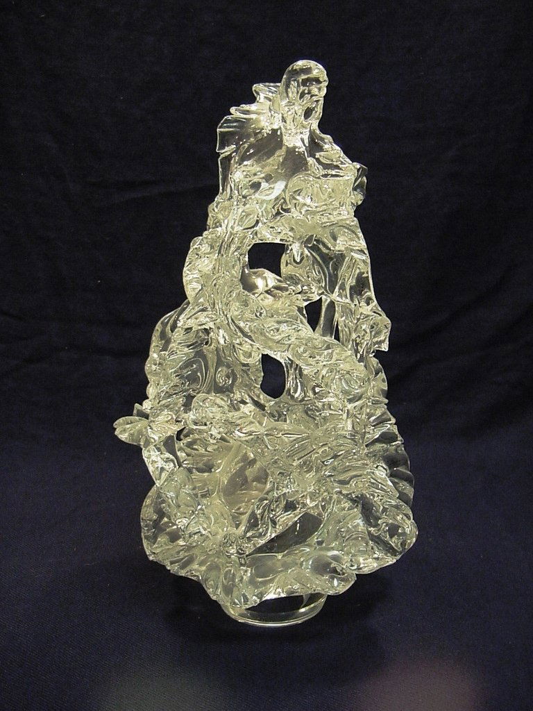 15" Free Blown Glass Lamp Shade Sculpture: A beautiful lamp shade or sculpture centerpiece, hand free blown and shaped from clear crystal glass. Note the cut bottom. This was likely made to be used as a lamp shade as it is hollow inside and we