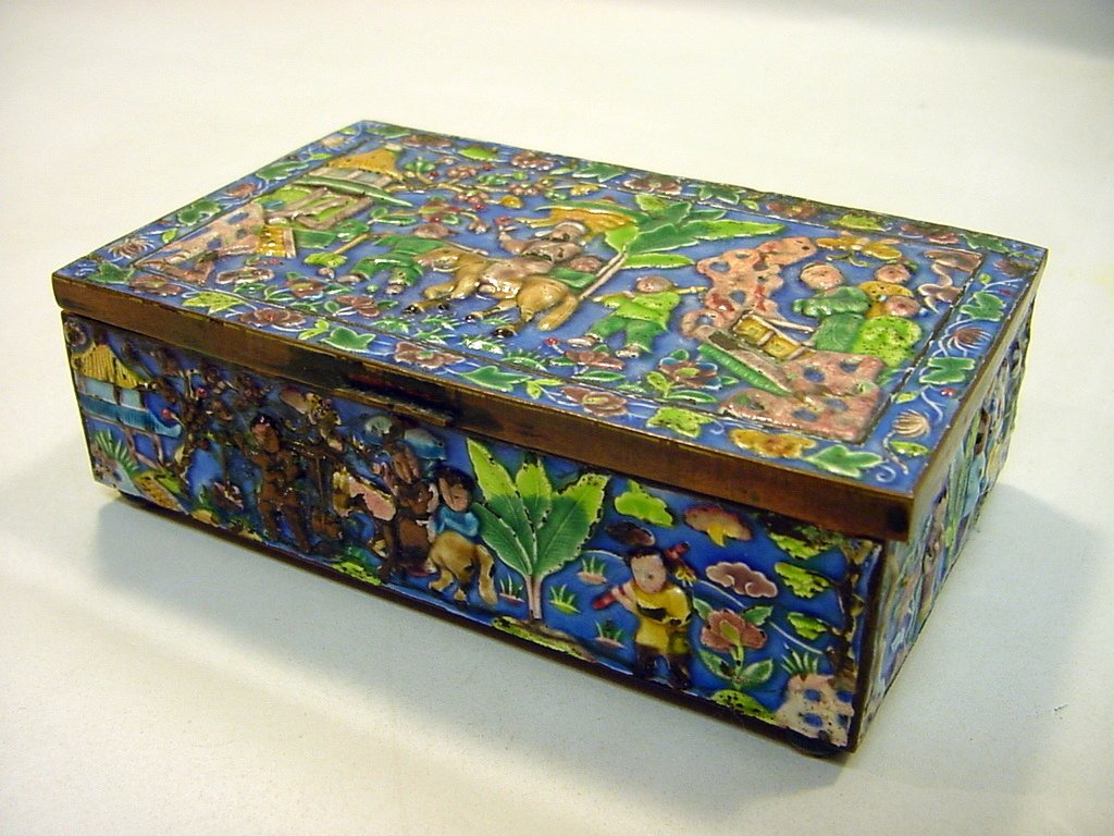 Antique Chinese Enamel, Brass & Wood Card Box: Cards or cigarette box. Made of thick brass, heavily enameled with fine translucent polychrome enamels. Wood inner lining. Signed CHINA on the bottom. Chinese Export item from the early 1900's. Measur