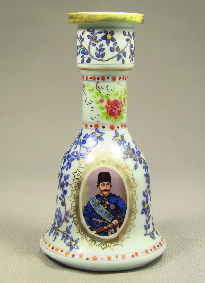 19th c. Ottoman Opaque Glass Hookah Vase PASHA Portrait: Hand enameled over thick milk-white opaque glass. Characteristic shape. Hookah water pipe base vase. Transfer tinted portraits on both sides of a Pasha, a high rank Ottoman Turkish government or milit