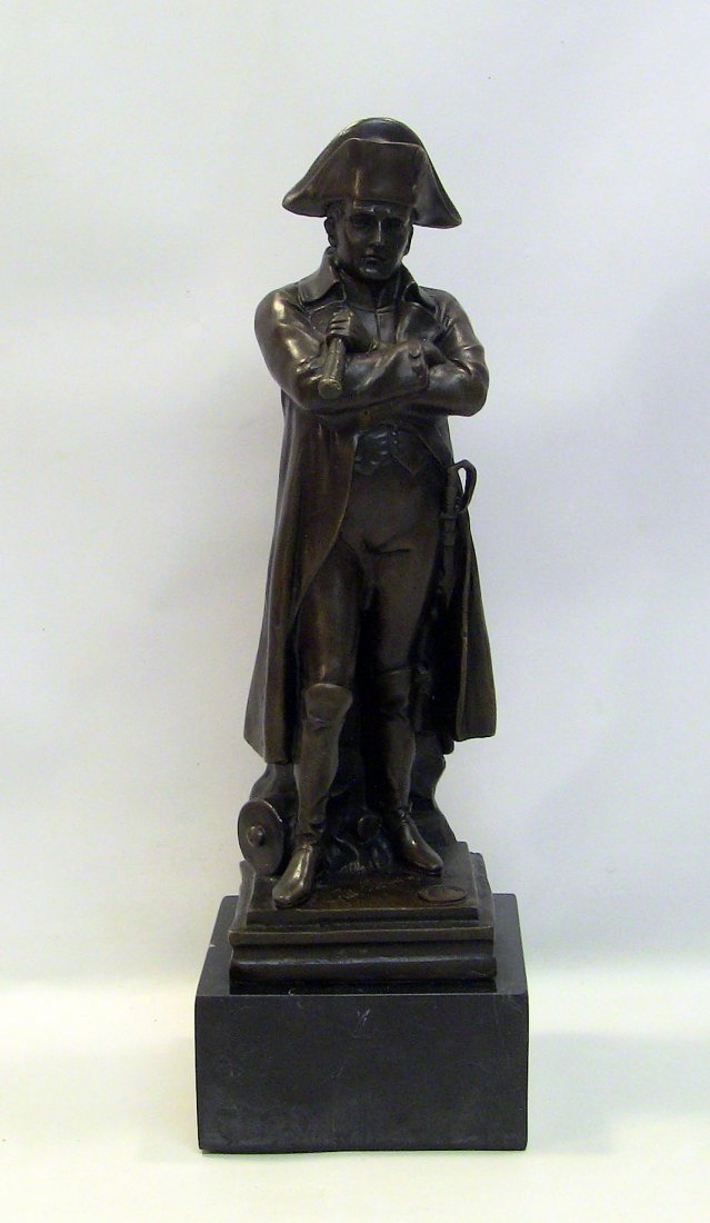 EMILE GUILLEMIN (France1841-1907) NAPOLEON Statue: A museum-quality statue of Emperor Napoleon Bonaparte (1769-1829). Cast out of bronze, patinated. Stands on a black slate square pedestal. Well signed at the base - Guillemin, with the French Depose F