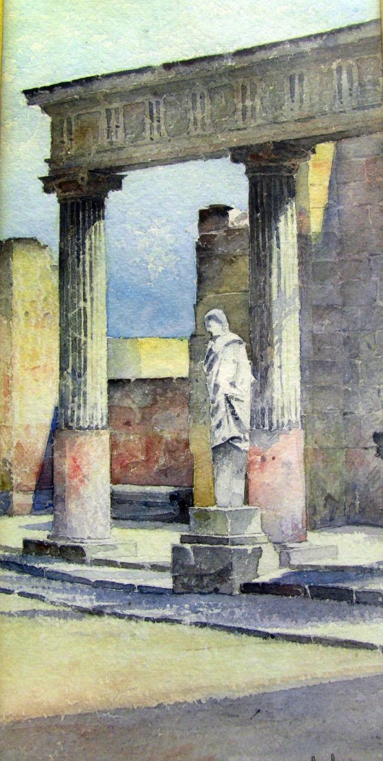 1880 AXEL AXELSON (Swedish, 1854-1892) W/C: Pompeii Aedes Veneris. Master watercolor of Pompeiian architecture, titled Aedes Veneris Pompejana. A rendition of a Temple of Venus. Done by well listed and known 19th century Swedish artist Alex (Ax