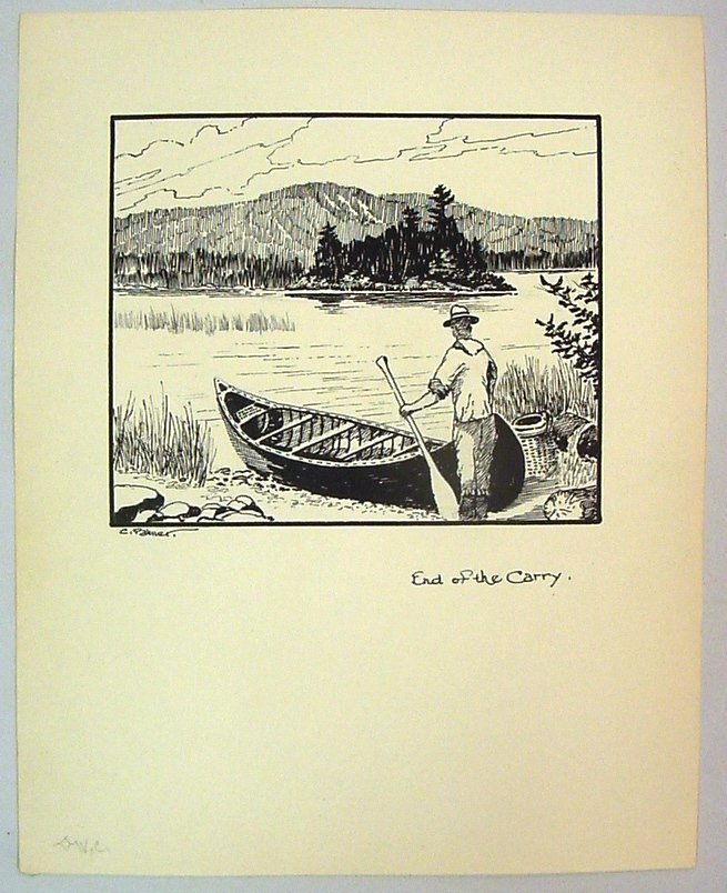 1930-40's C. Palmer Ink Drawing Kidney Pond, ME: A well executed drawing, representing a view of Kidney pond in Maine. Signed lower left and named by the artist "End of the Carry". Maine, USA, 1930's-1940's. Measurements: Approx. 9.75" X 7.5" - the 