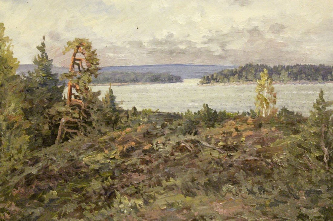 1900's Continental School O/C "Lake in The Forest": Oil on Canvas. A lake in the forest scene. North German or Scandinavian landscape. Signed lower left with monogram initials - "I.J.", in black. Framed in its original wooden frame. First half of the X