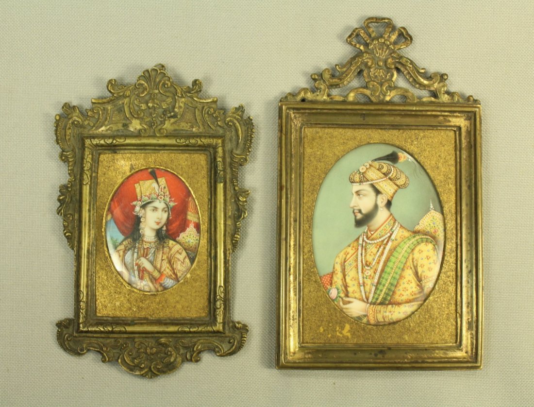 Two 1800's MUGHAL Indo-Persian Miniature Portraits: Set of two miniature portraits. Expertly painted with punctual attention to the detail, beautiful faces. A distinguished young Man and Woman, possibly Prince and Princess, and most likely on a marriag