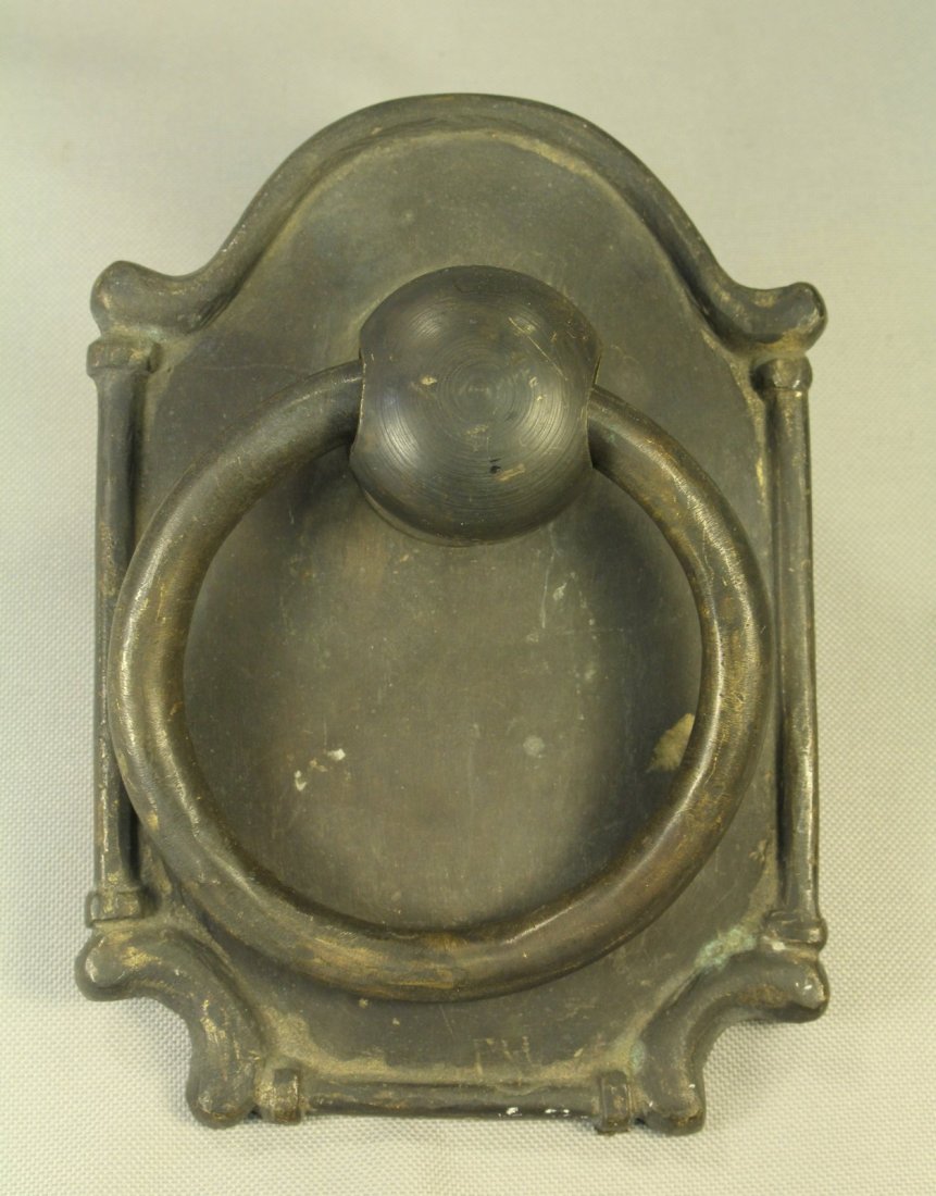 19th c. Heavy Cast Bronze 7" Large Arched Door Knocker: Antique large door knocker. Arched applique plate, ornamented edges. Loop knocker. Circa mid/second half of the 1800's, possibly earlier. Original screw and wing nut on the back, ready to be installed