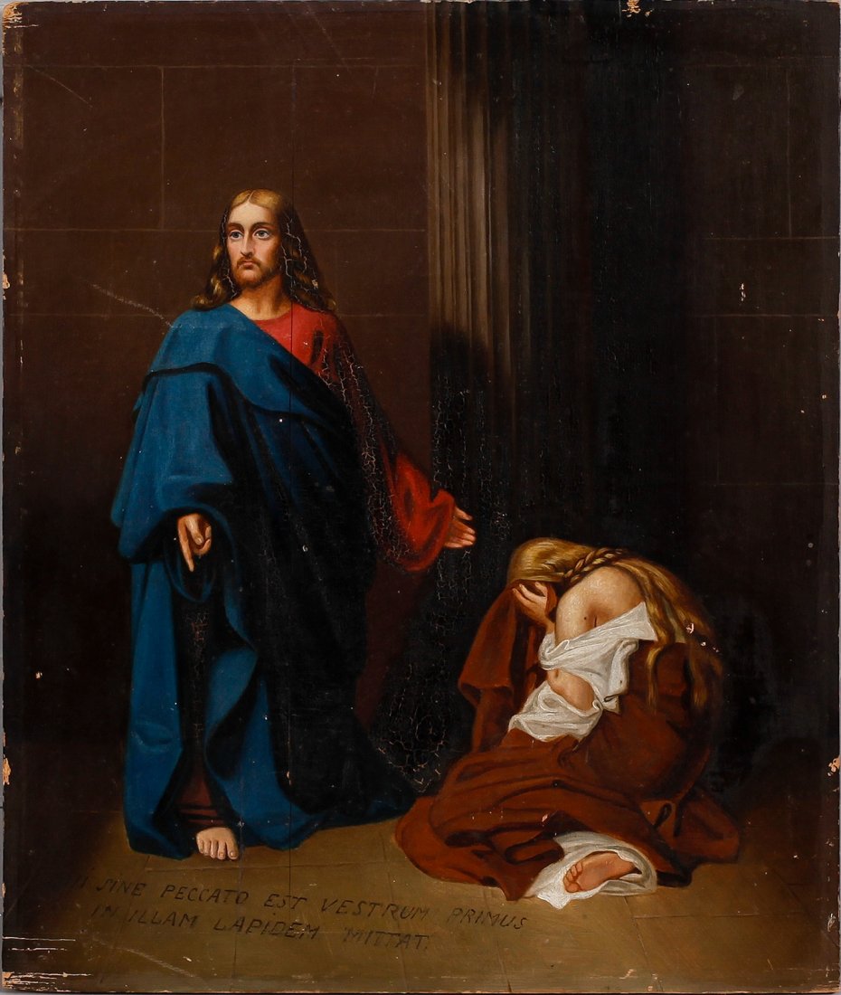 1800's Continental School O/B Jesus & Adultreous Woman: Oils on wooden board. Displays a religious scene - Jesus and The Adultreous Woman. Inscribed in Latin, lower center/left. Also inscriptions on the back. Continental School, circa late 1800's. Unframed