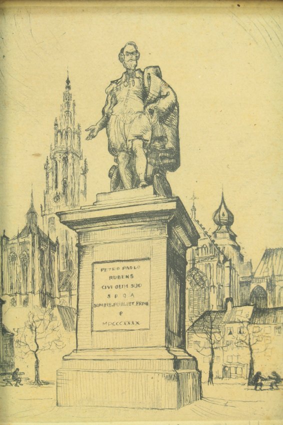 1800's Signed Engraving - Statue of Rubens, Antwerp: Limited Edition original Etching and Engraving, on paper. Note the plate marks at the margins. Displays a view of the RUBENSSTANDBEELT, or the Statue of Peter Paul Rubens in Antwerp, Belgium. The Cath