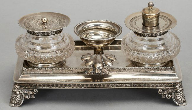 1854 Sterling Silver & Cut Crystal Inkwell, Mollenborg (1 of 4)