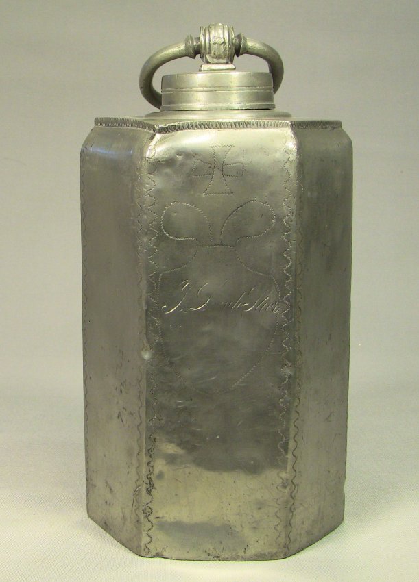c.1730's German Pewter Flagon Hexagonal Flask, Signed (1 of 10)