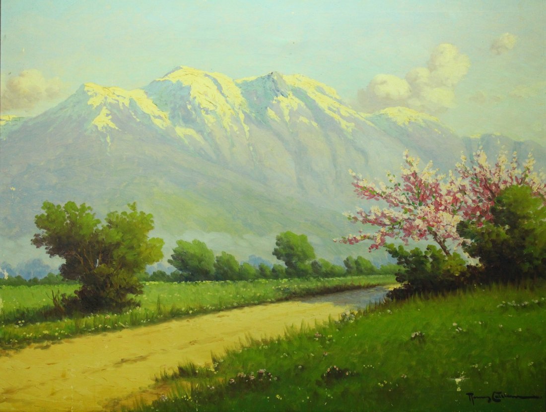 Benito Ramos Catalan (Chile 1888-1961) O/C Country Road: Oils on canvas. Landscape - a springtime view of a countryside road, with grassy meadows and snow-capped Andes mountains in the background. Signed lower right - RAMOS CATALAN. Done by prominent and we