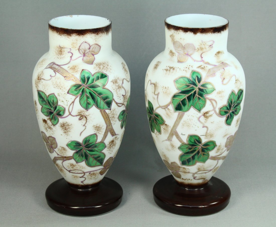 Pair Victorian Painted Blown Bristol Milk Glass Vases (1 of 10)