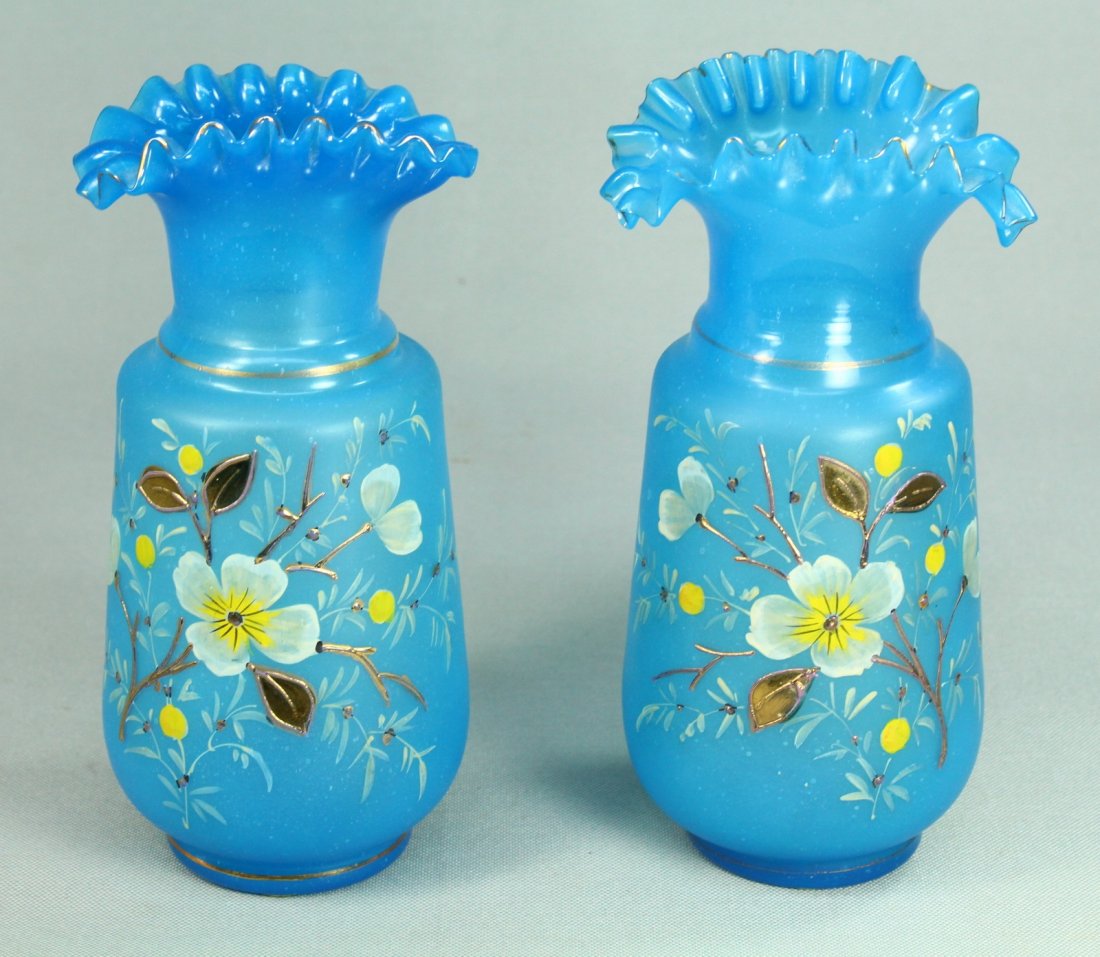 Pair Victorian Blown Bristol Blue Satin Glass Vases (1 of 10)