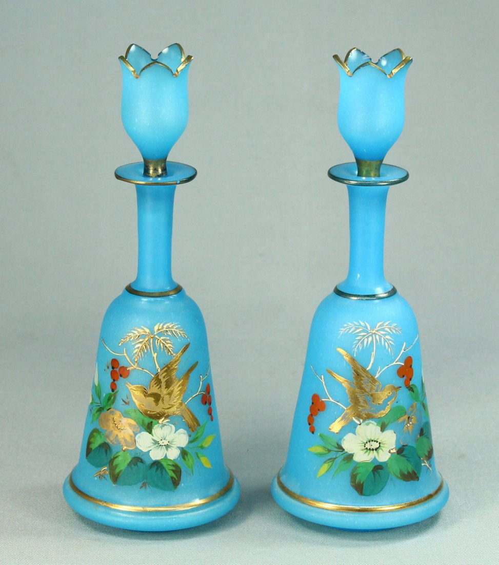 Pair Victorian Blown Bristol Blue Satin Glass Bottles (1 of 10)