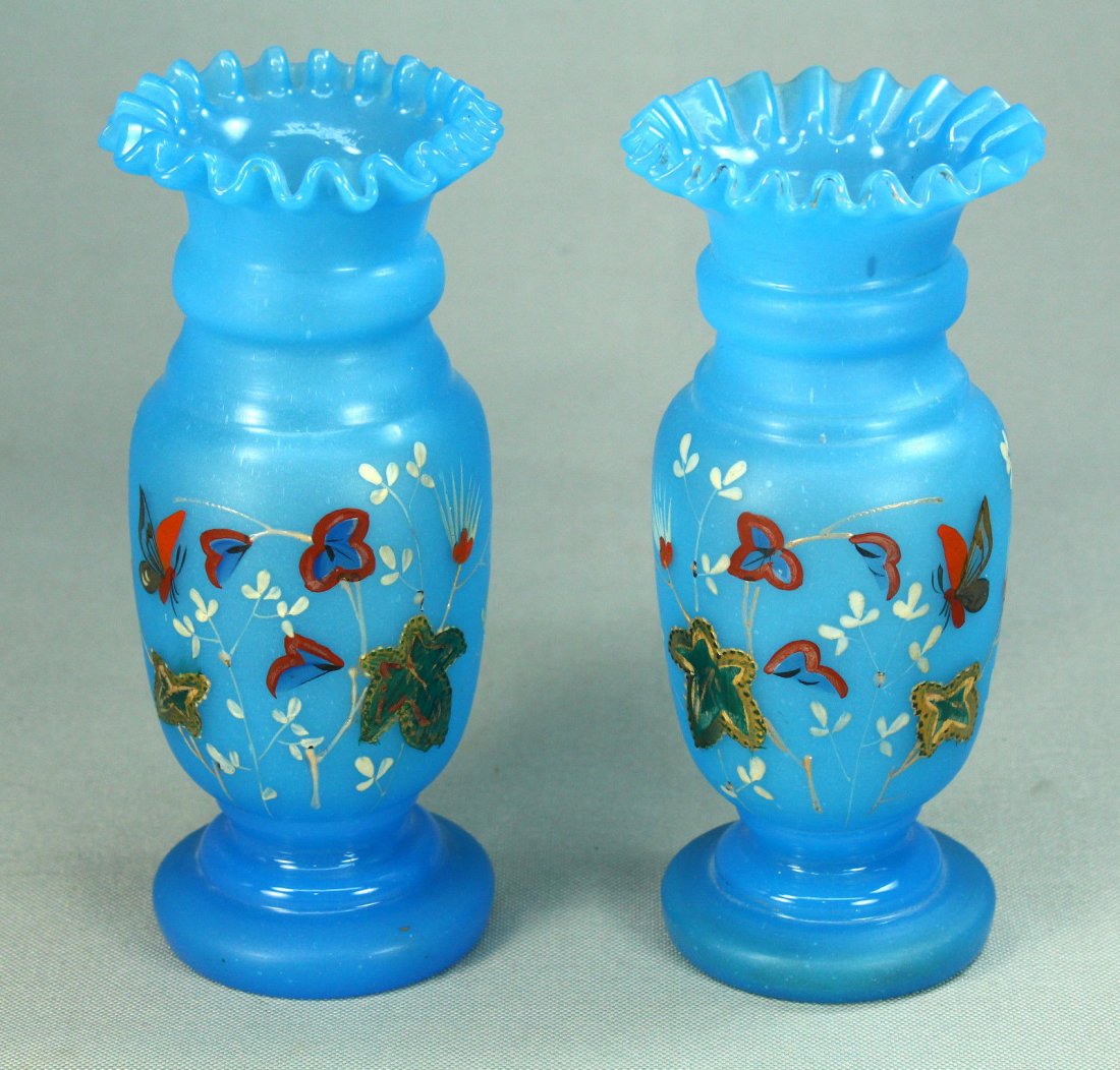 Pair of Victorian Blown Bristol Blue Satin Glass Vases (1 of 10)