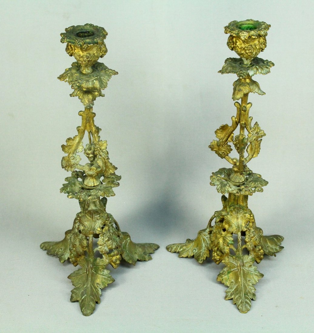 19th C. Pair Ornate Bronze D'Ore Candle Holders (1 of 10)