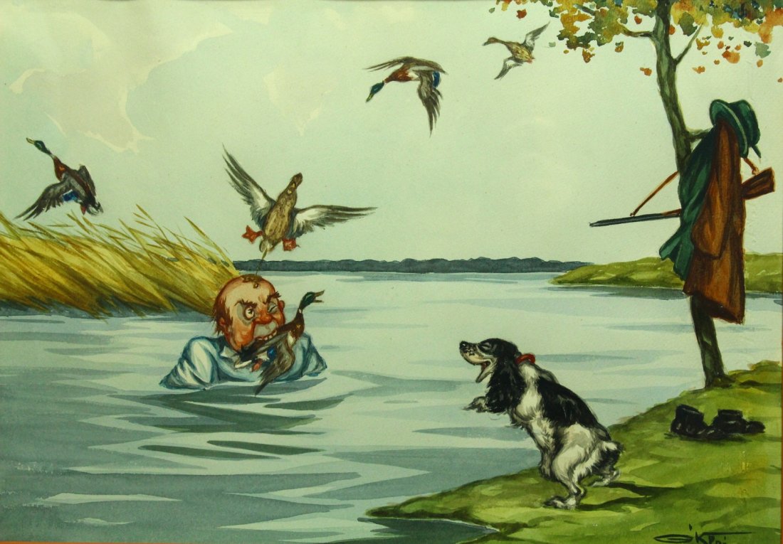 GEORGE D. KLEIN (1915-1969) - W/C Humorous Scene: Watercolors on paper. Displays a comical situation - a duck hunter seems to have found himself in the water, aiding his mockery in the hands of the ducks, as well as his dog, who seems to be pointing 