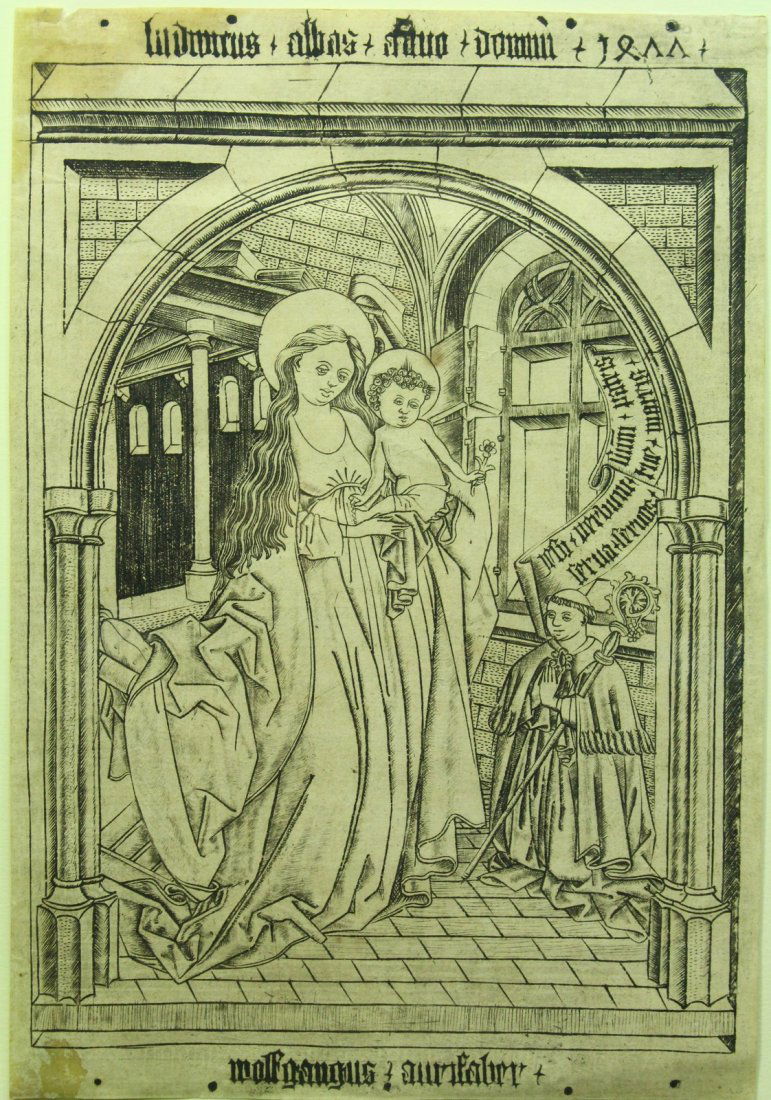 15thC. WOLFGANG THE GOLDSMITH Engravings aft. Master ES: Proof and counterproof (mirrored) engraving impressions on paper. Display the scene titled as "The Madonna and Child with the Abbot Ludwig von Churchwalden". Late Gothic period. Printed by Wolfgang Th