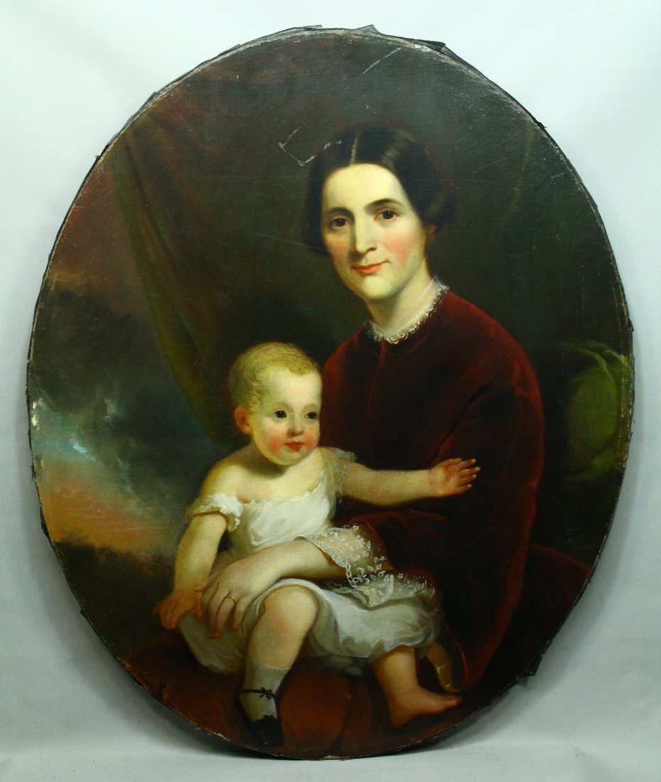 Attrib. Thomas Sully (American, 1783-1872) O/C Portrait: Oils on canvas. Oval portrait of a mother and her child. Unsigned. Early/Mid 19th Century. Attributed to Thomas Sully (1783-1872), leading American portrait painter, born in Britain. Unframed. Measure