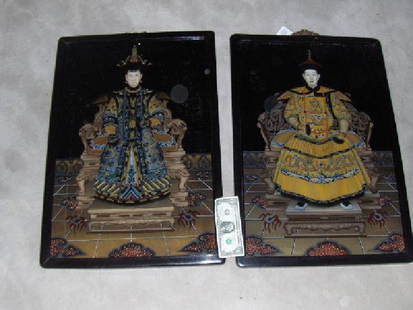 Chinese Emperor Qinanlong picture and his qreen large: Nice picture of Qianglong and his Queen (Qianlong 1735-1803). two pieces, large in size about 28 inches tall. glass frame.