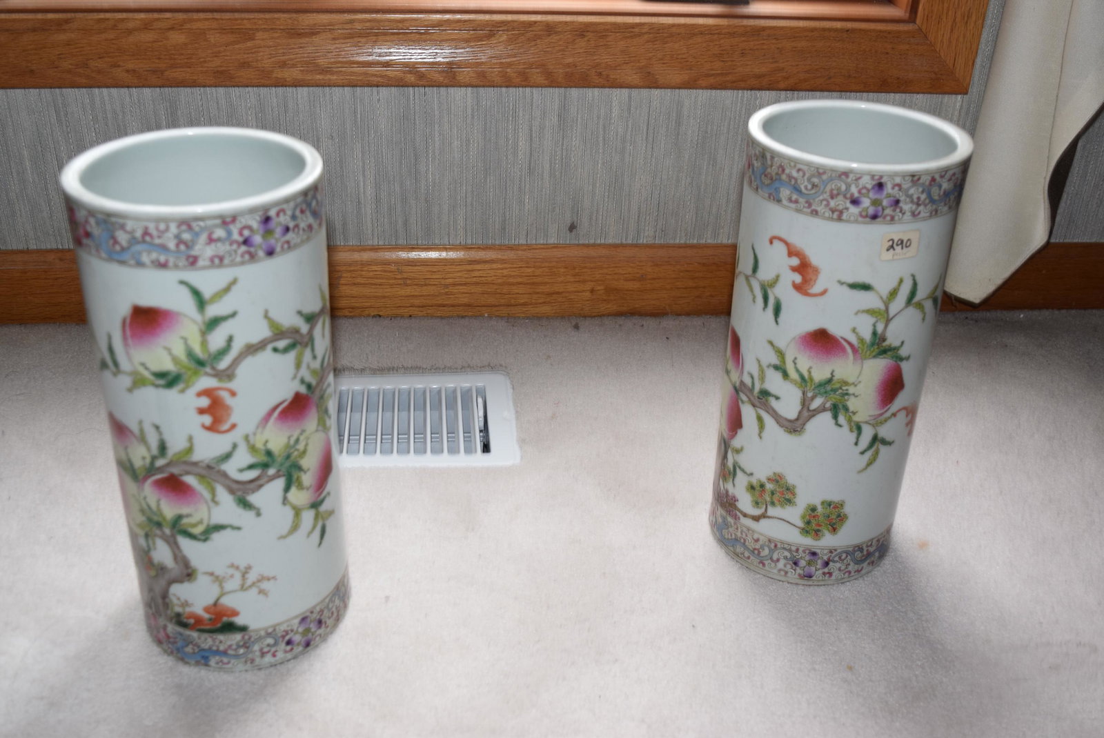 a pair of fencai peach hat pot: hat pot possible qing dynasty. 11 inches tall.