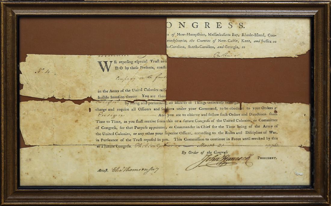 1776 John Hancock signed Continental Congress Document: Document Signed ("John Hancock"). John Hancock (1737-1793). Philadelphia, March 21st 1776, countersigned by Charles Thomson, being the commission of an unknown person to the rank of ensign, two large