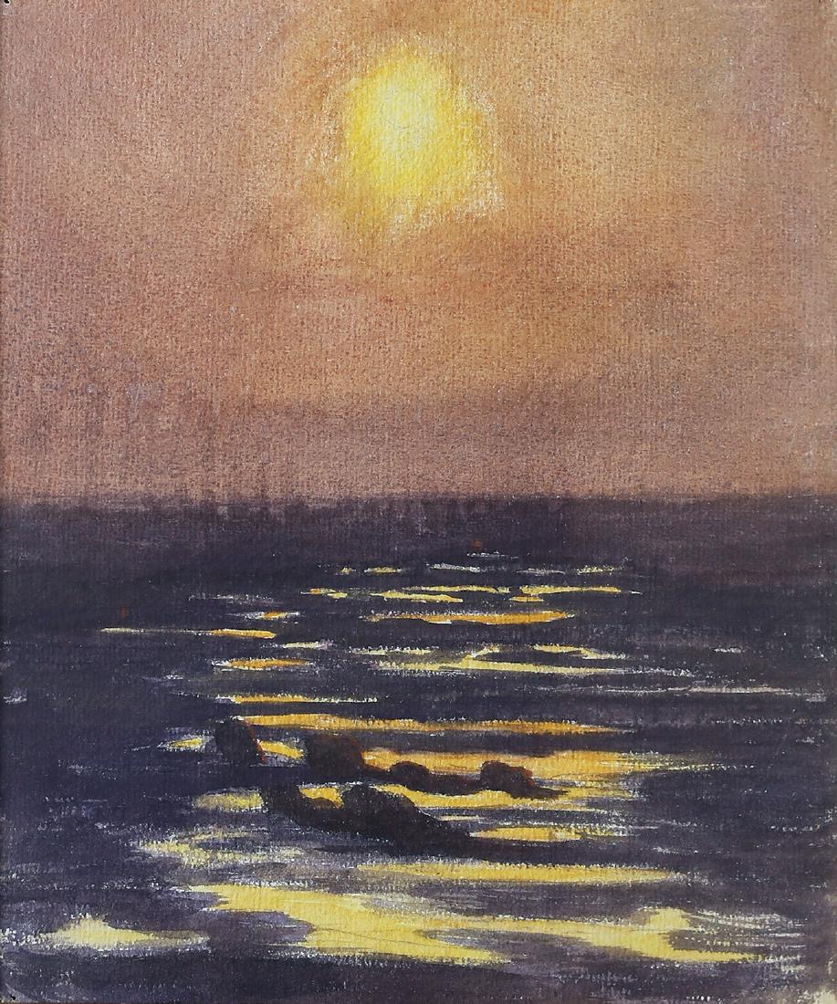 Thomas Anshutz Watercolor Study of Coast: Study of the Sea and Sunset over the Coast (Double-sided with sketch on the back). Thomas Anshutz (1851-1912). Watercolor on paper. dated "April 28 - 92". 11 x 9 inches visible, 18 x 15 1/2 inches fra