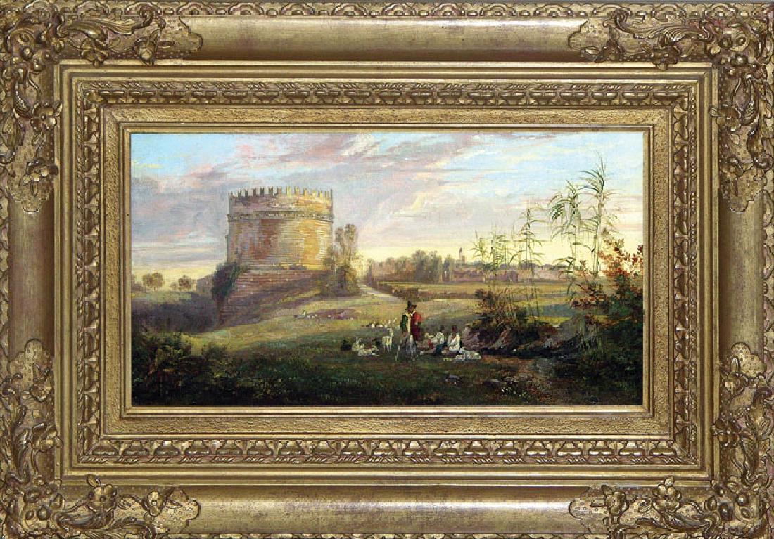 Edward Lear Oil Painting, View of Rome: The Tomb of Cecilia Metella on the Via Appia, Rome. Edward Lear (1812-1888). Oil on canvas. Signed ‘1842/Ed Lear’. 9 x 17 1/2 inches sheet, 18 2/5 x 26 1/5 inches framed. Provenance: Painted for C