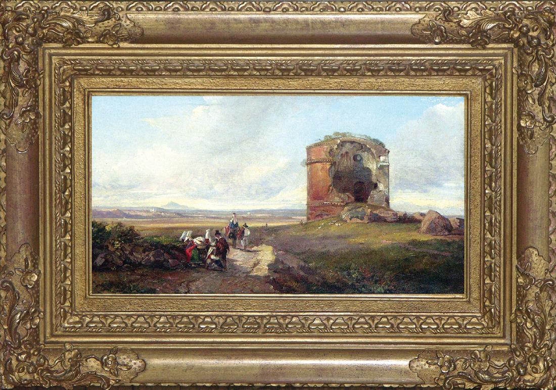 Edward Lear Oil Painting, View of Rome: The Tor di Schiavi on the Via Labicana, Rome. Edward Lear (1812-1888). Oil on canvas. Signed ‘E. Lear. 1842’. 9 x 17 1/2 inches sheet, 18 2/5 x 26 1/5 inches framed. Provenance: Painted for Captai