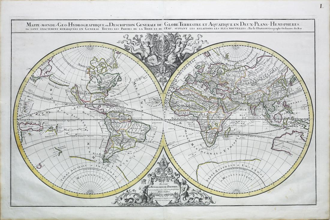 Sanson Map of the World: Mappe-Monde Geo-Hydrographique... Nicolas Sanson (1600-1667). Engraved map with original hand color in outline. Paris: A. Jaillot, c. 1691. 25 x 38 inches sheet, 35 x 48 inches framed. Large-scale wor