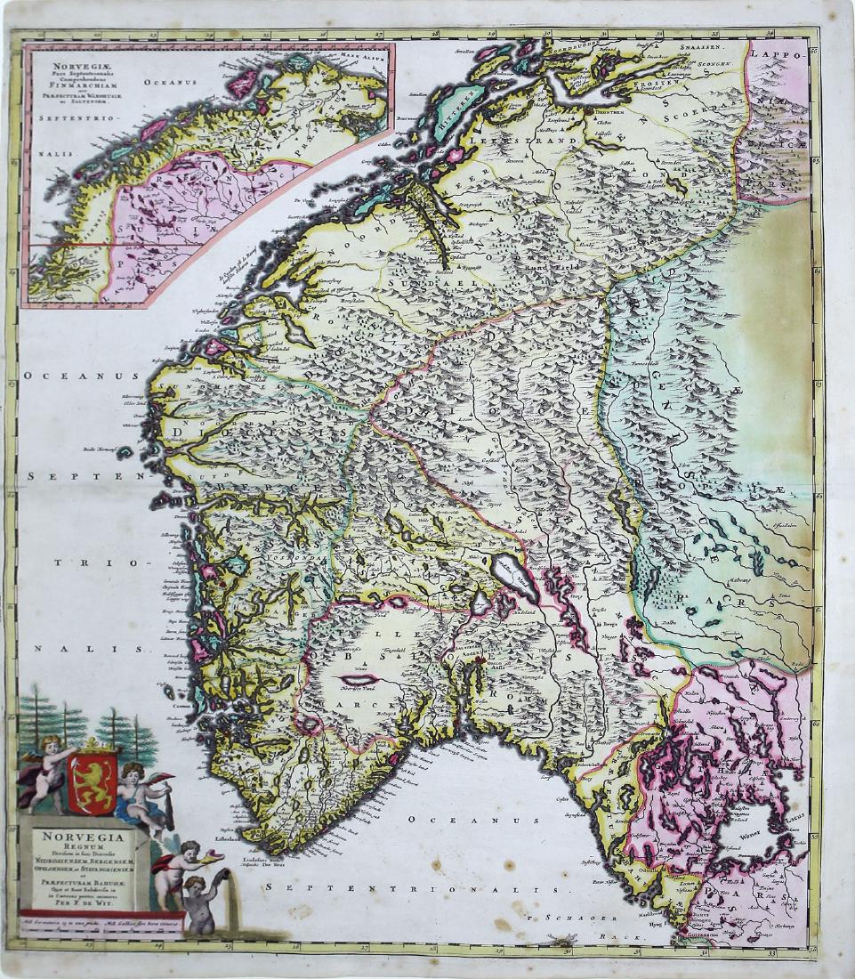 De Wit's Map of Norway: Norvegia Regnum. Frederik De Wit (1630-1706). Engraved map with original hand color in full. Amsterdam, 1680. 25 x 21 inches sheet. A rare and important large hand colored map of Norway and parts of S